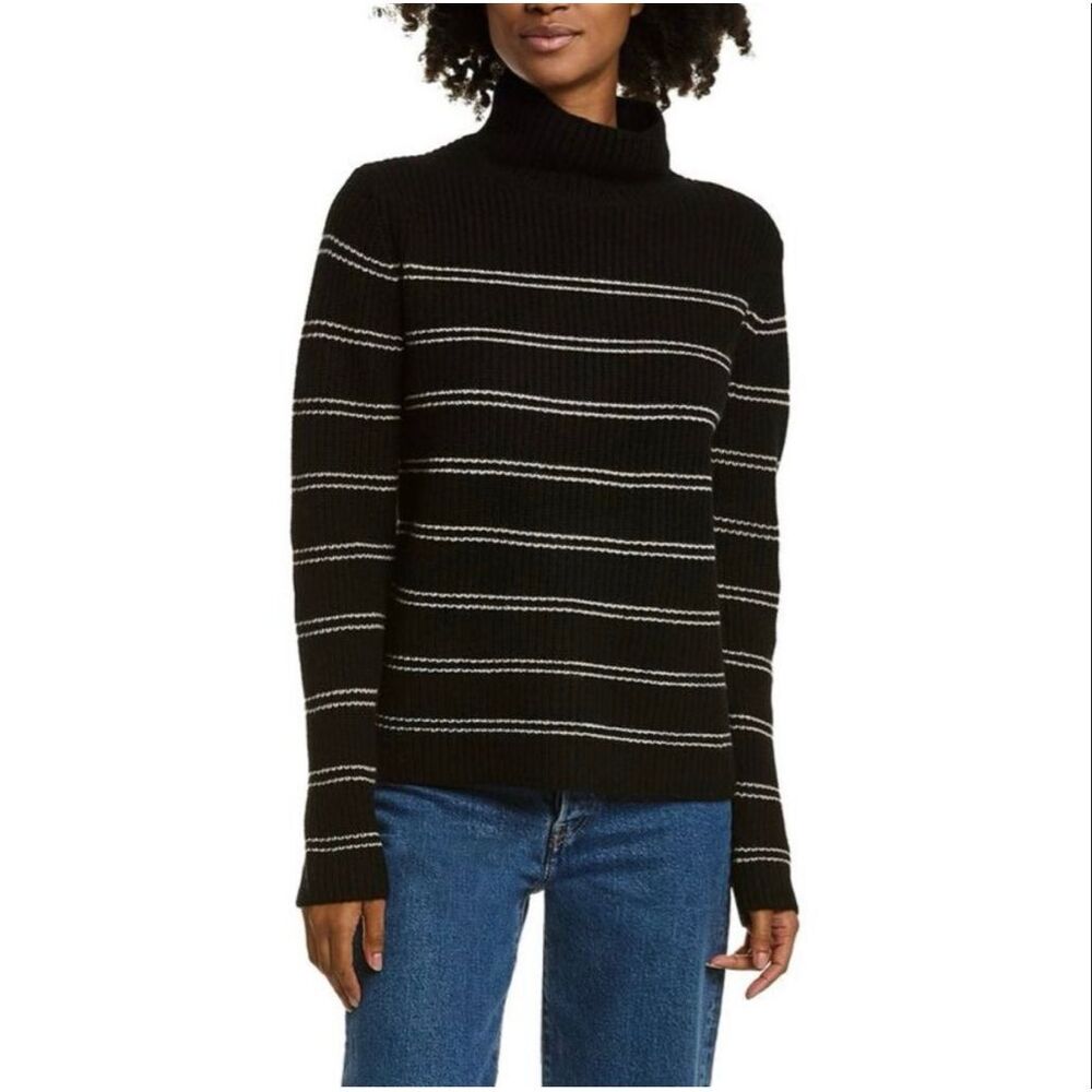 Vince Cashmere Striped Shaker Rib Turtleneck Sweater